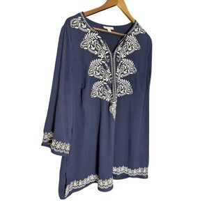 Charter Club Women's Short Sleeve Embroidered Top Blue & White 1X